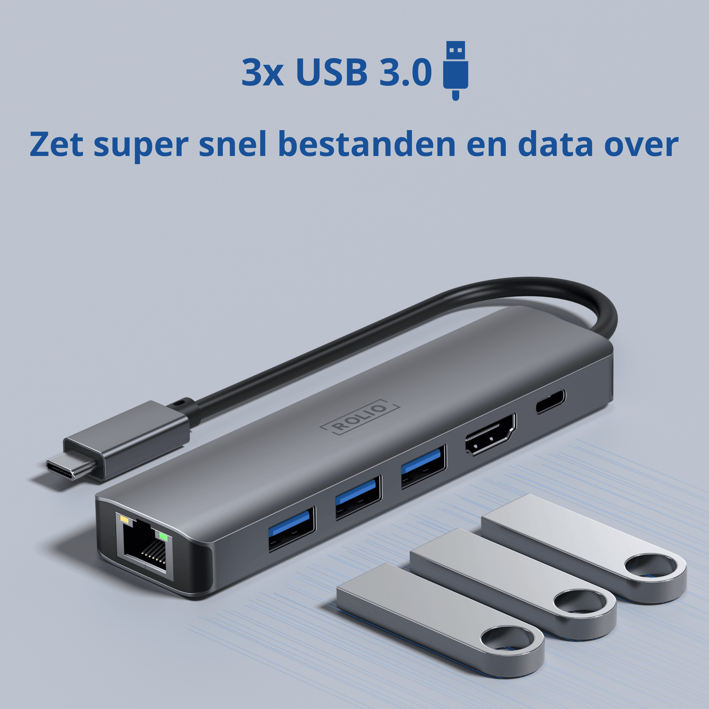 Rolio USB C Hub - 6 in 1 - 1Gbps Ethernet RJ45 - HDMI - USB-C Opladen - 3x USB 3.0