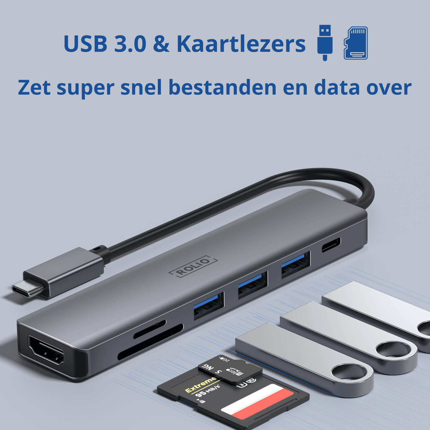 Rolio USB C Hub - 7 in 1 - HDMI - USB-C Opladen - SD/TF - 3x USB 3.0
