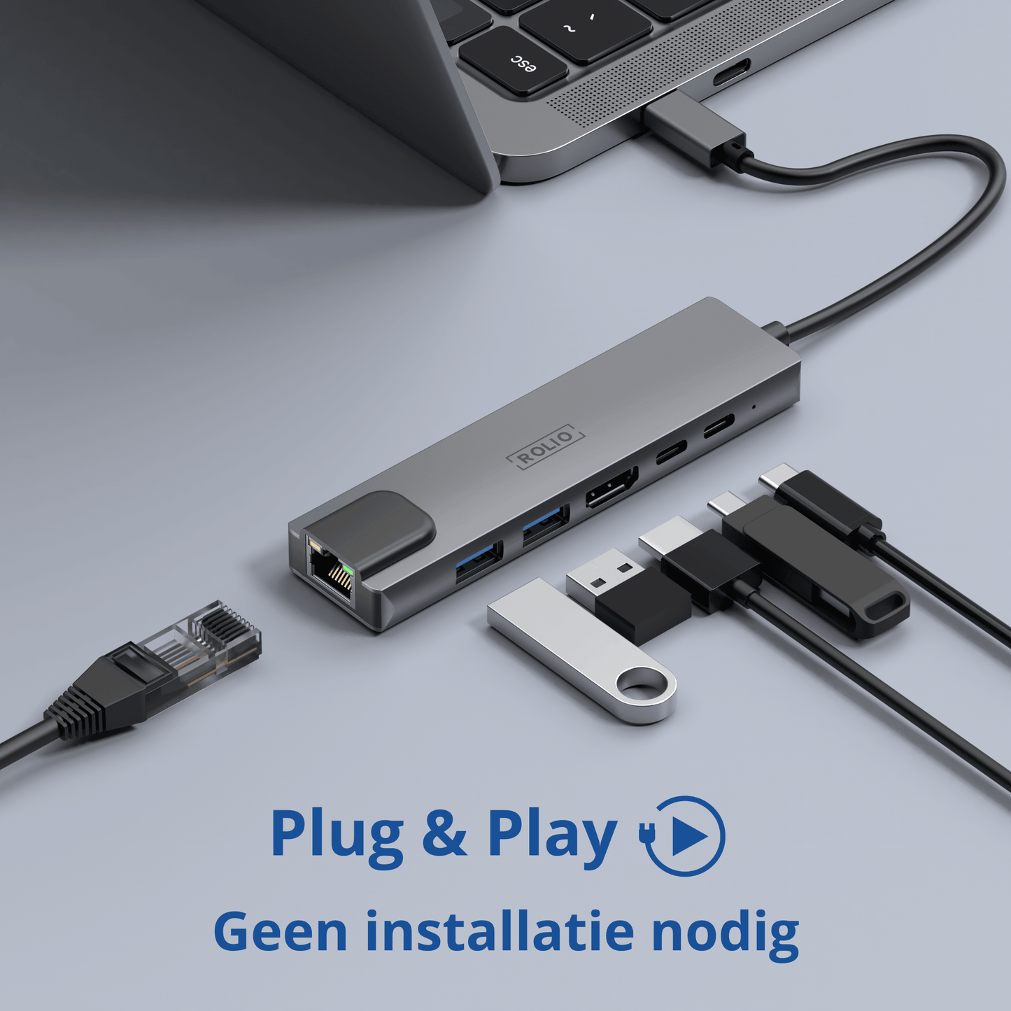 Rolio USB C Hub - 5 in 1 - HDMI - USB-C Charging - Ethernet LAN - 2x USB 3.0