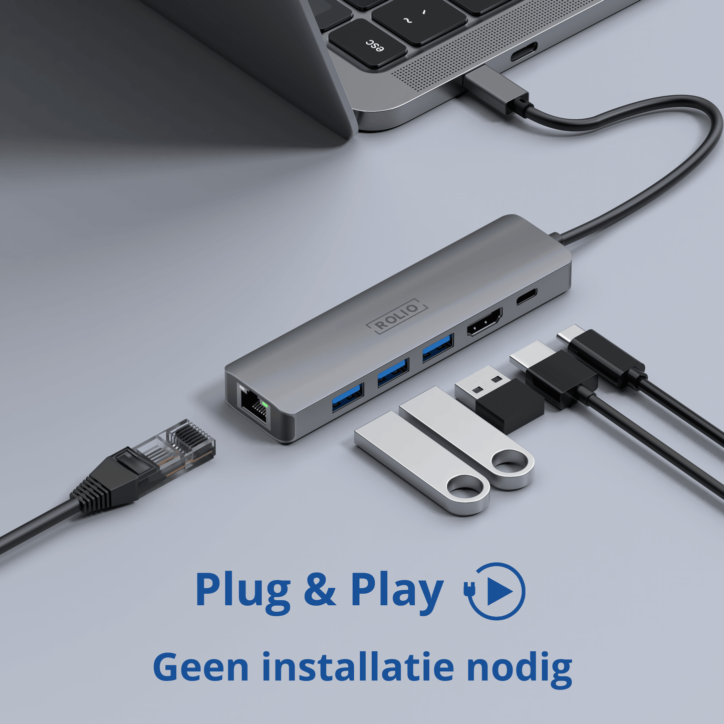 Rolio USB C Hub - 6 in 1 - 1Gbps Ethernet RJ45 - HDMI - USB-C Opladen - 3x USB 3.0