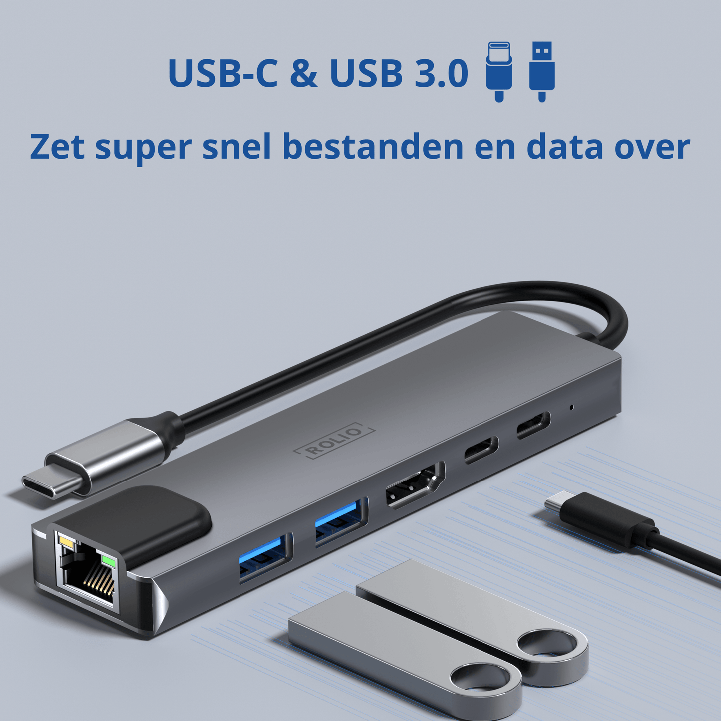 Rolio USB C Hub - 5 in 1 - HDMI - USB-C Charging - Ethernet LAN - 2x USB 3.0