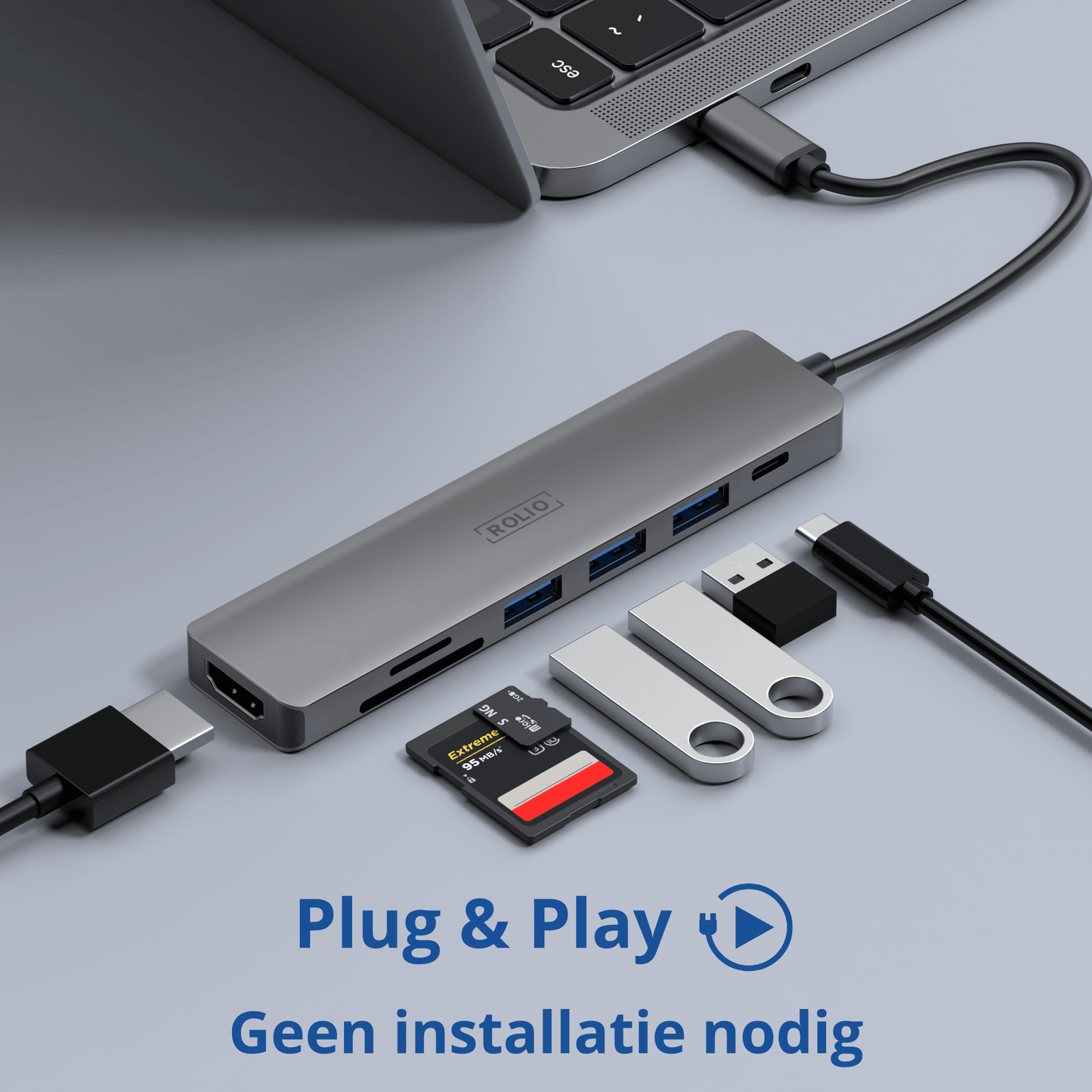 Rolio USB C Hub - 7 in 1 - HDMI - USB-C Opladen - SD/TF - 3x USB 3.0