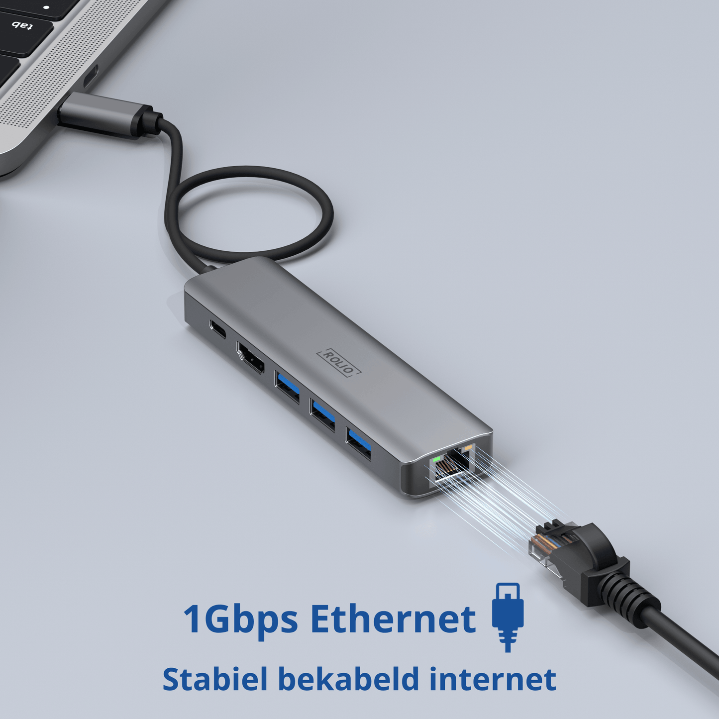 Rolio USB C Hub - 6 in 1 - 1Gbps Ethernet RJ45 - HDMI - USB-C Opladen - 3x USB 3.0