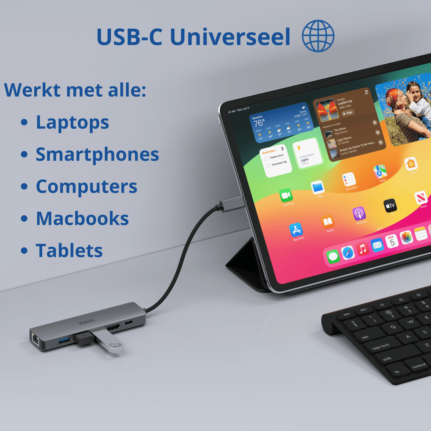 Rolio USB C Hub - 6 in 1 - 1Gbps Ethernet RJ45 - HDMI - USB-C Opladen - 3x USB 3.0