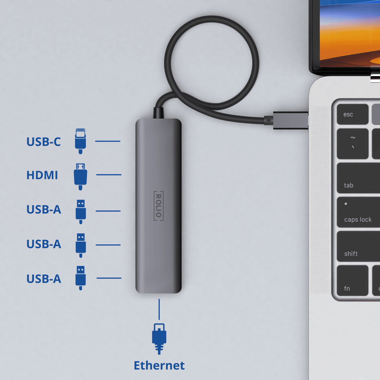 Rolio USB C Hub - 6 in 1 - 1Gbps Ethernet RJ45 - HDMI - USB-C Opladen - 3x USB 3.0