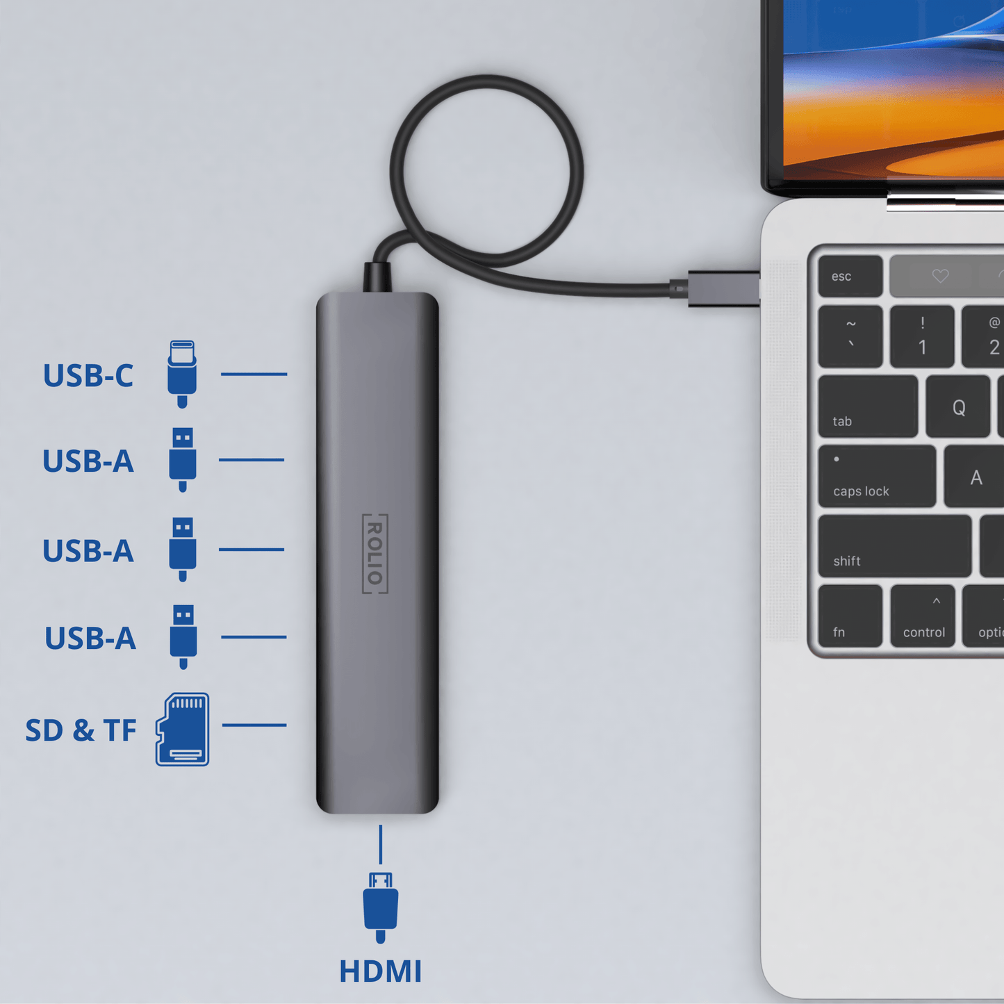 Rolio USB C Hub - 7 in 1 - HDMI - USB-C Opladen - SD/TF - 3x USB 3.0