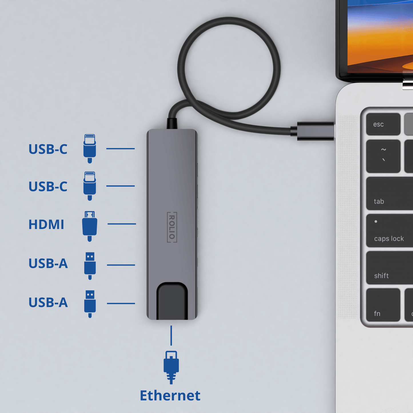 Rolio USB C Hub - 5 in 1 - HDMI - USB-C Charging - Ethernet LAN - 2x USB 3.0
