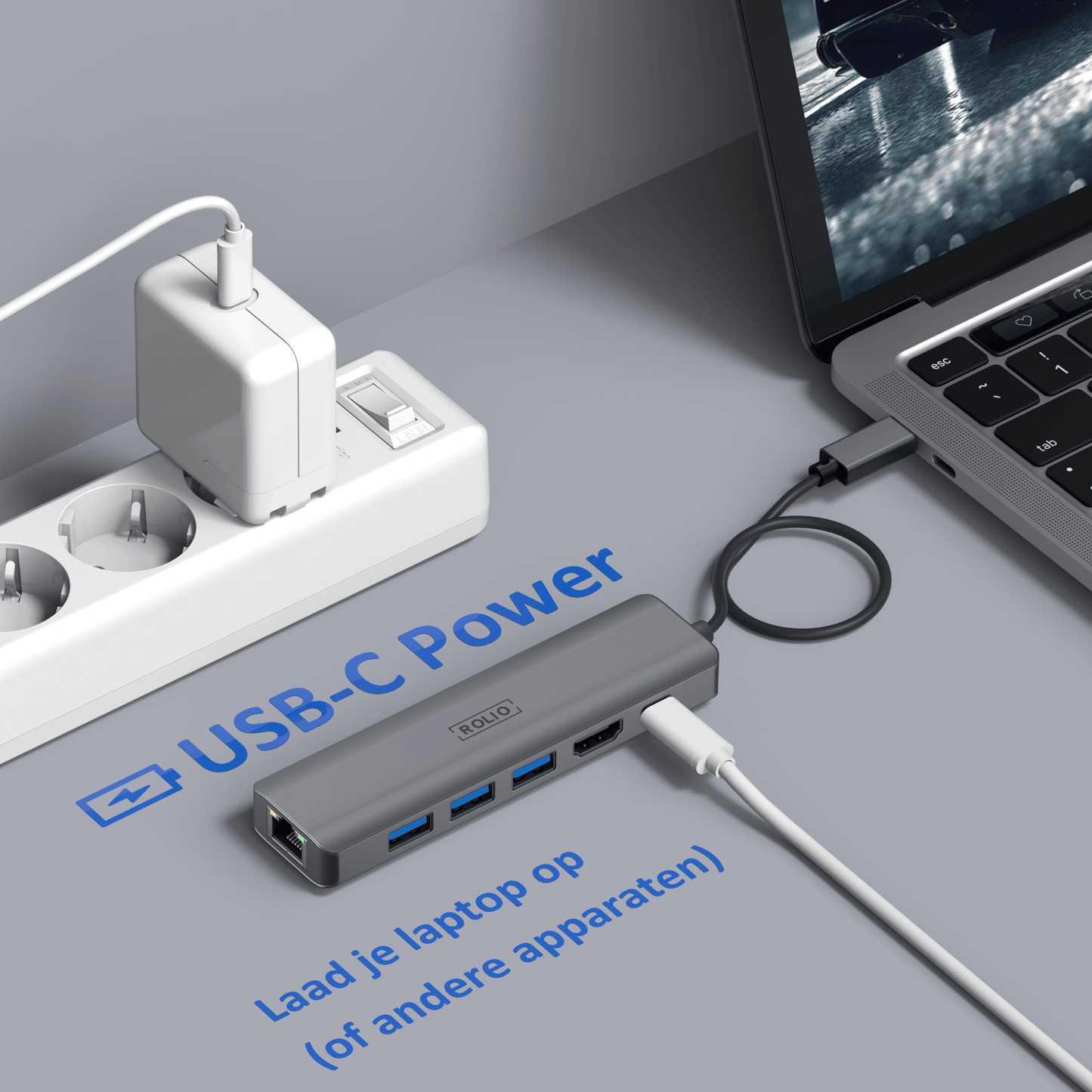 Rolio USB C Hub - 6 in 1 - 1Gbps Ethernet RJ45 - HDMI - USB-C Opladen - 3x USB 3.0