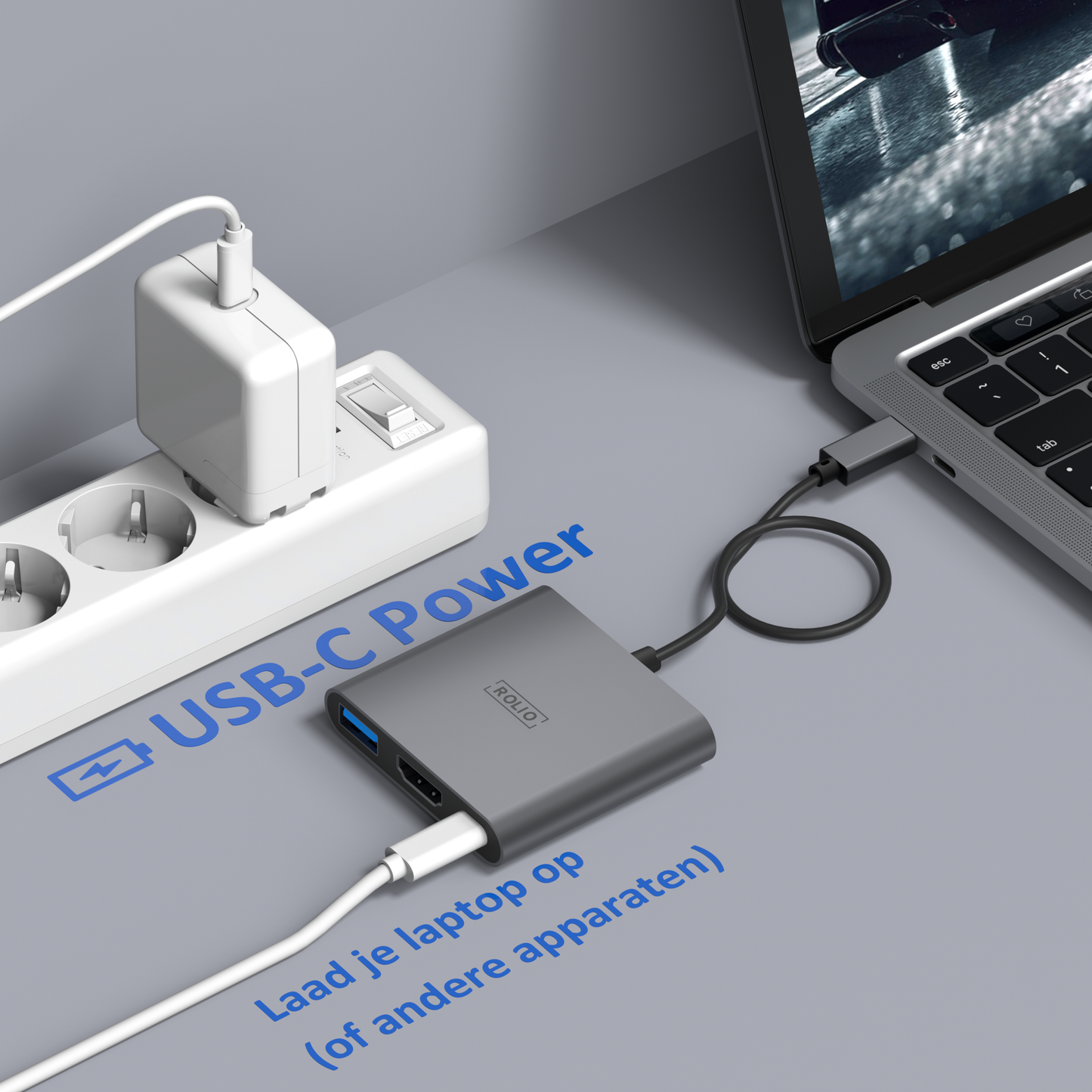 Rolio USB-C-zu-HDMI-Adapter – 3 in 1 – 4K HDMI – USB 3.0 – USB-C-Aufladung