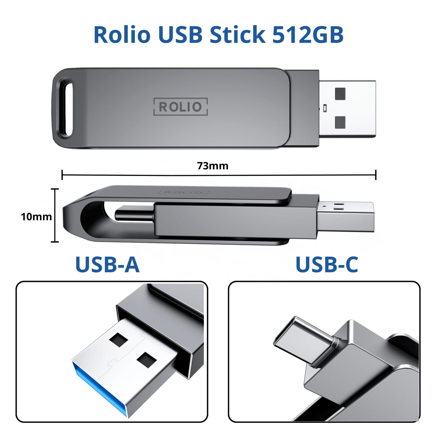 Rolio USB-Stick 512 GB – USB C und USB A – 800 Mbit/s – USB 3.0