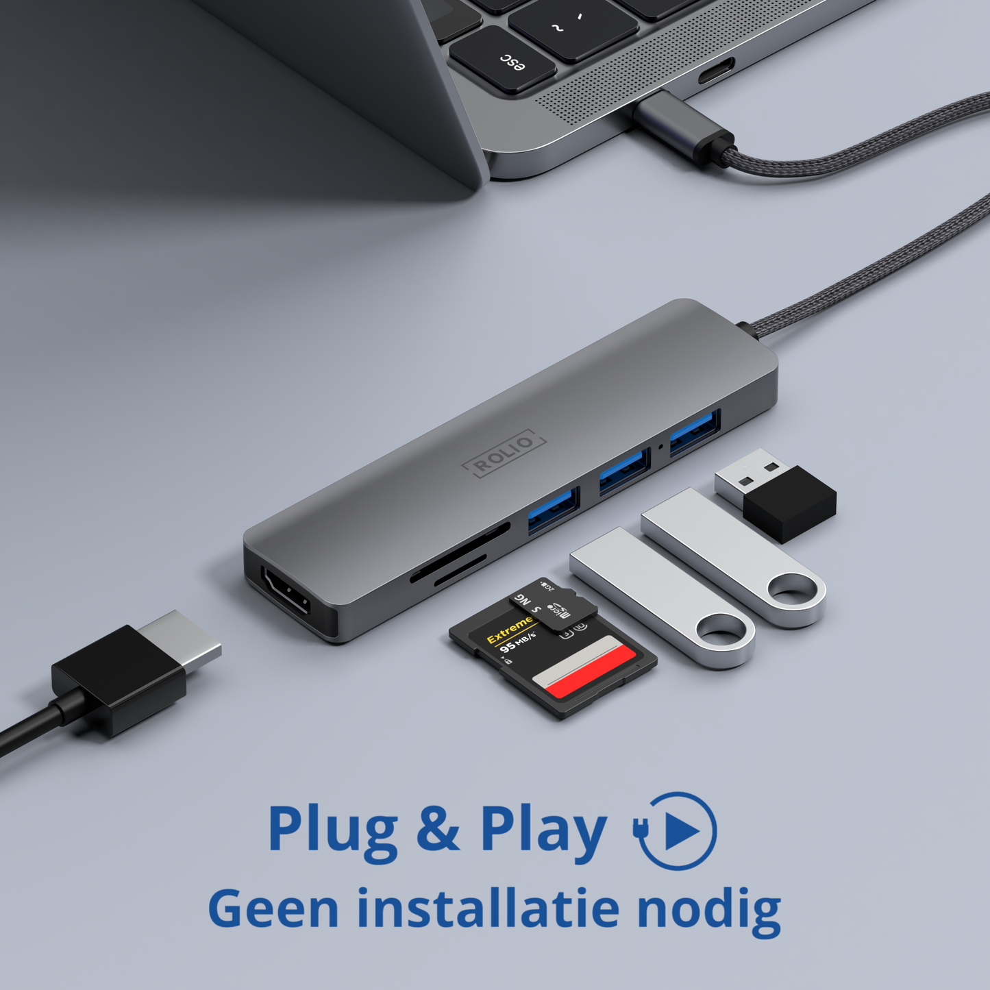 Rolio USB-C Hub - 6 in 1 - HDMI - SD/TF - 3x USB 3.0