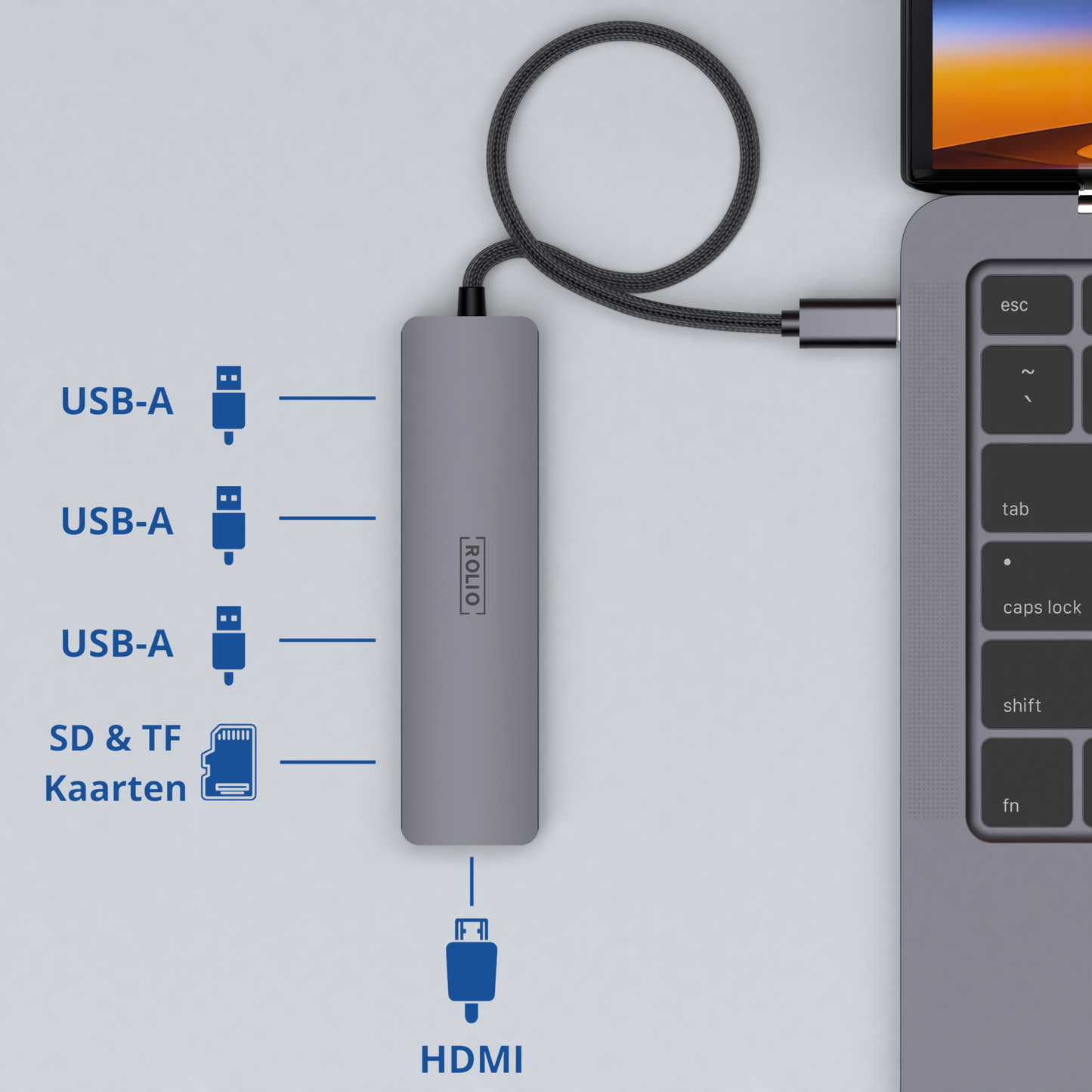 Rolio USB-C Hub - 6 in 1 - HDMI - SD/TF - 3x USB 3.0