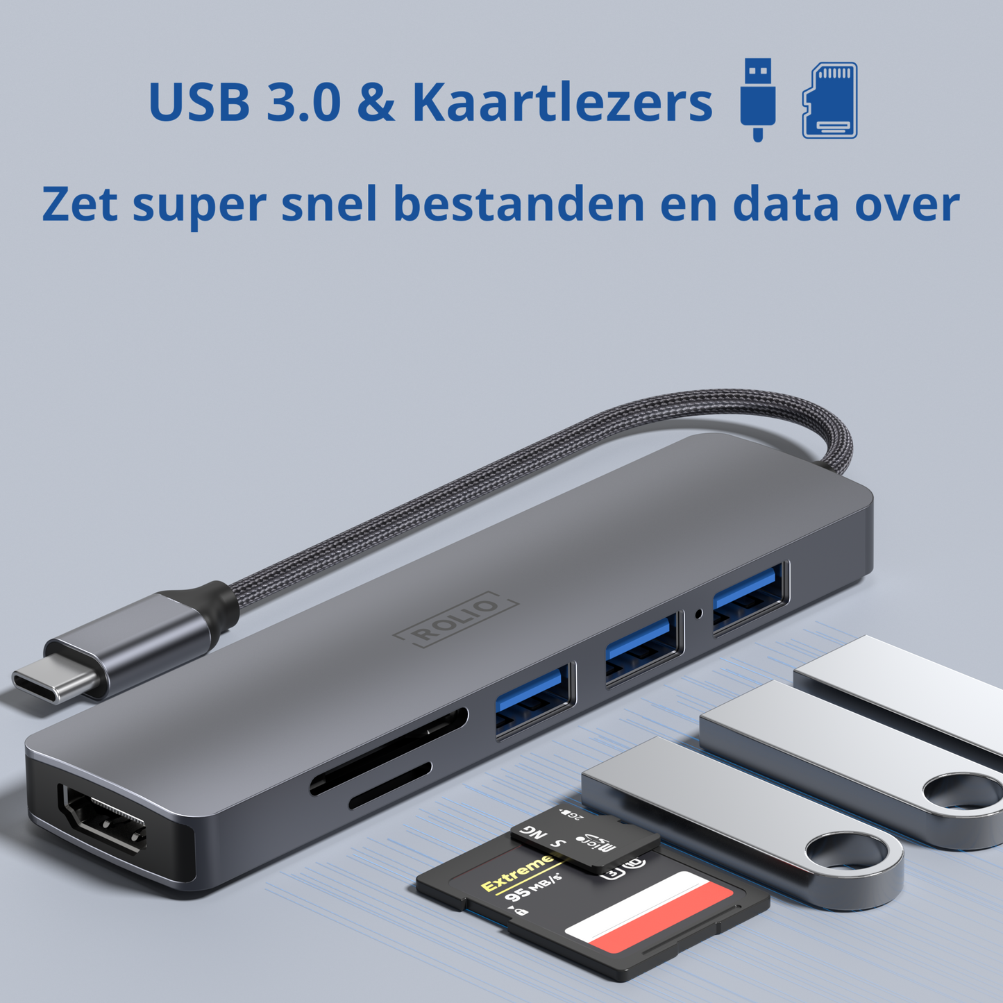 Rolio USB-C Hub - 6 in 1 - HDMI - SD/TF - 3x USB 3.0