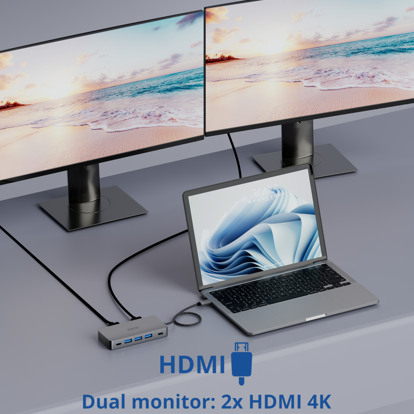 Rolio USB-C-Hub – Dual-Monitor – 2 x HDMI 4K – 2 x USB-C – 3 x USB 3.0