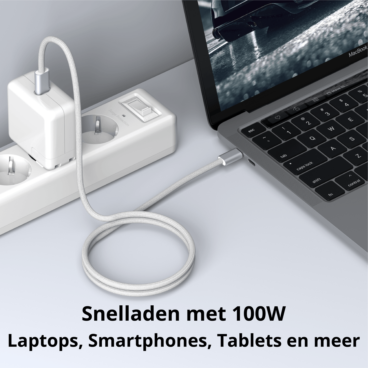 Rolio USB C Kabel - Magnetisch Oprollen - 2 Meter - 100W Oplaadkabel - USB C naar USB C - Wit - Rolio