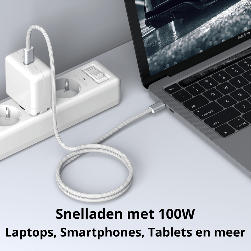 Rolio USB C Kabel - Magnetisch Oprollen - 1 Meter - 100W Oplaadkabel - USB C naar USB C - Wit - Rolio