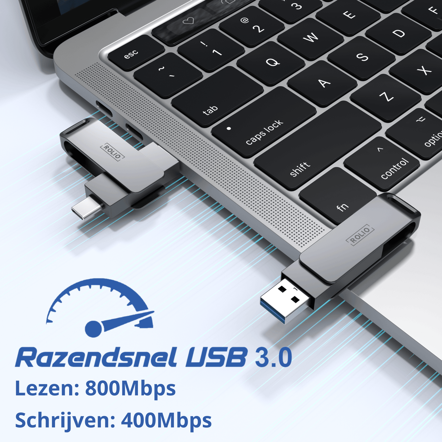 Rolio USB Stick 256GB - USB C en USB A - 800Mbps - USB 3.0