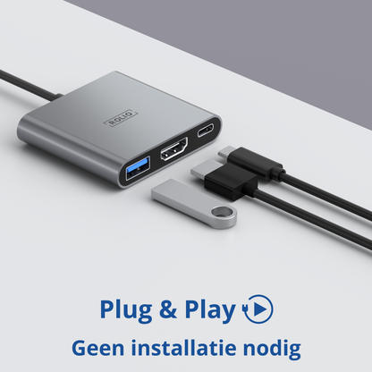 Rolio USB C naar HDMI Adapter - 3 in 1 - 35cm kabel - 4K HDMI - USB 3.0 - USB-C Opladen
