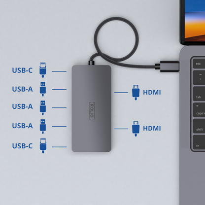 Rolio USB C Hub - Dual Monitor - 2x HDMI 4K - 2x USB-C - 3x USB 3.0