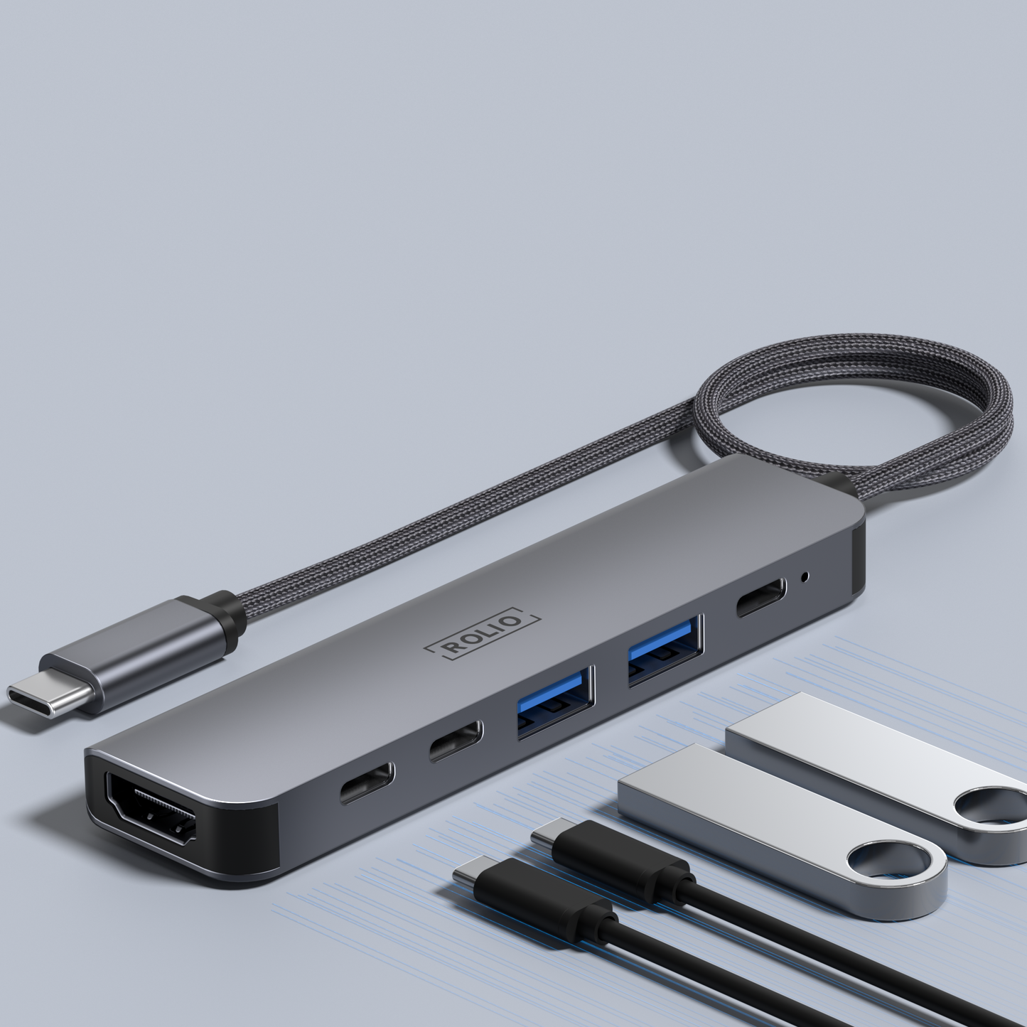Rolio USB C Hub 35CM kabel - 6 in 1 - HDMI - 3x USB-C - 2x USB-A