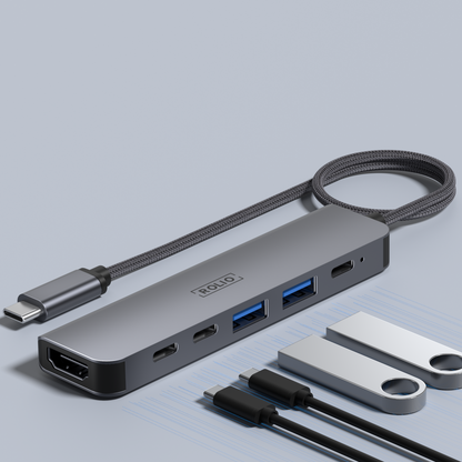 Rolio USB C Hub 35CM kabel - 6 in 1 - HDMI - 3x USB-C - 2x USB-A