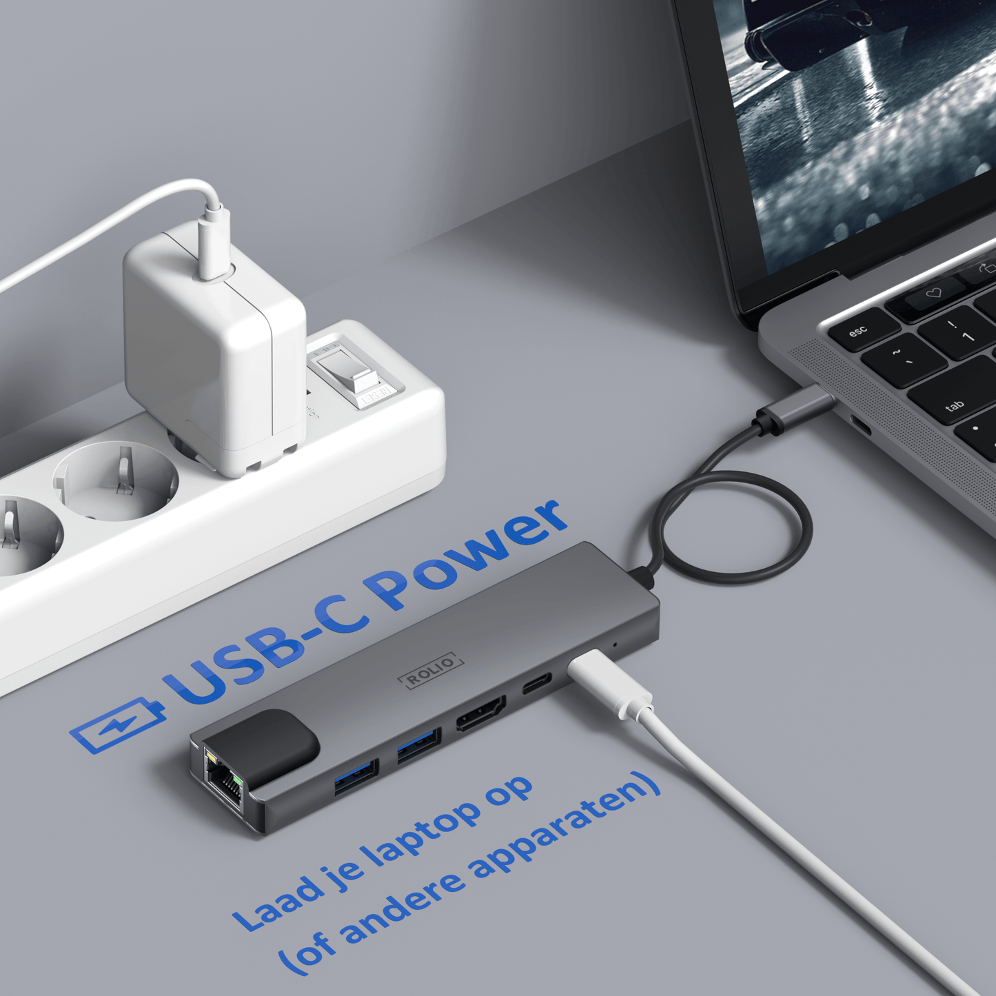 Rolio USB C Hub – 5 in 1 – HDMI – USB-C-Aufladung – Ethernet LAN – 2x USB 3.0