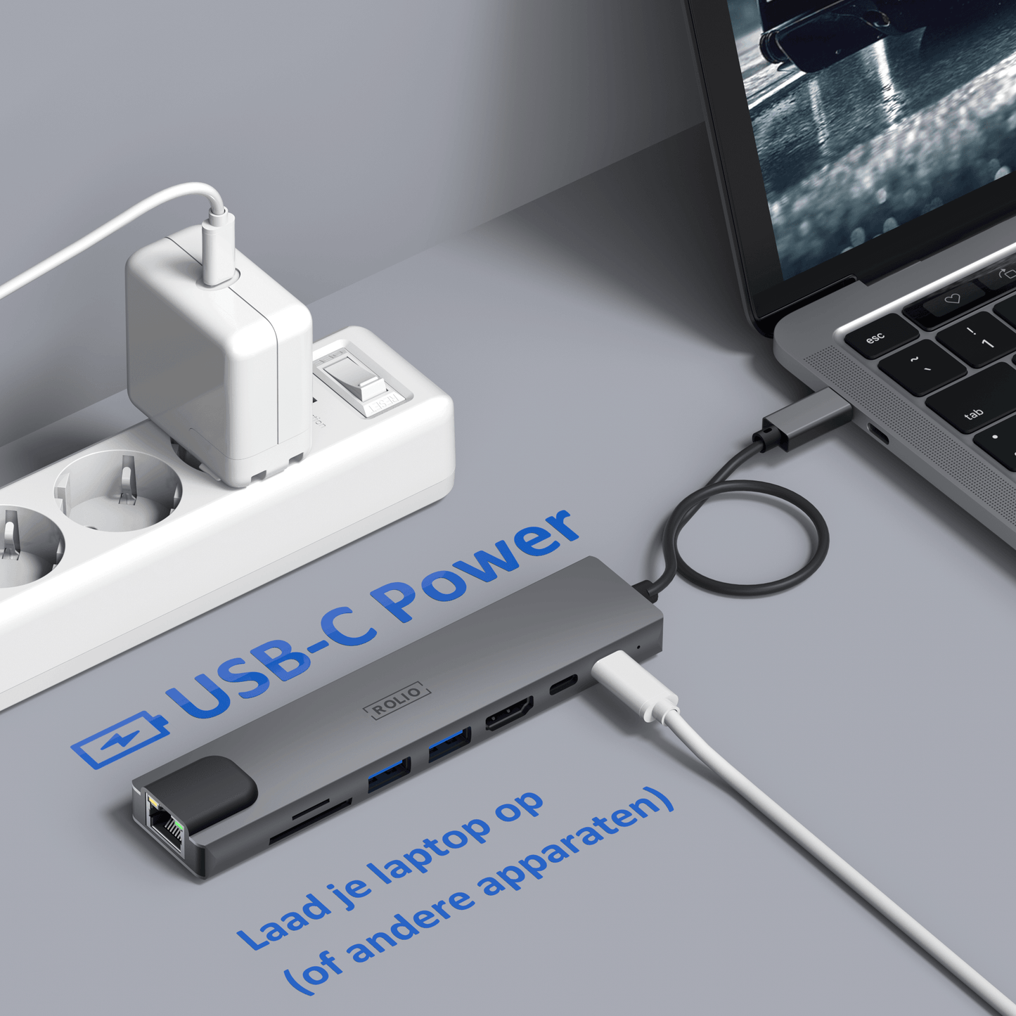 Rolio USB-C-Hub – 8 in 1 – Ethernet LAN – HDMI – SD/TF – USB-C-Aufladung – USB 3.0