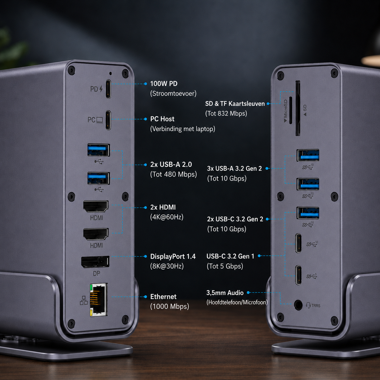 Rolio 16-in-1 Premium USB-C Docking Station - Triple Monitor 4K@60Hz (2x HDMI & 1x DisplayPort) - USB 3.2 10Gbps - 100W Power Delivery - Hub - Gigabit Ethernet