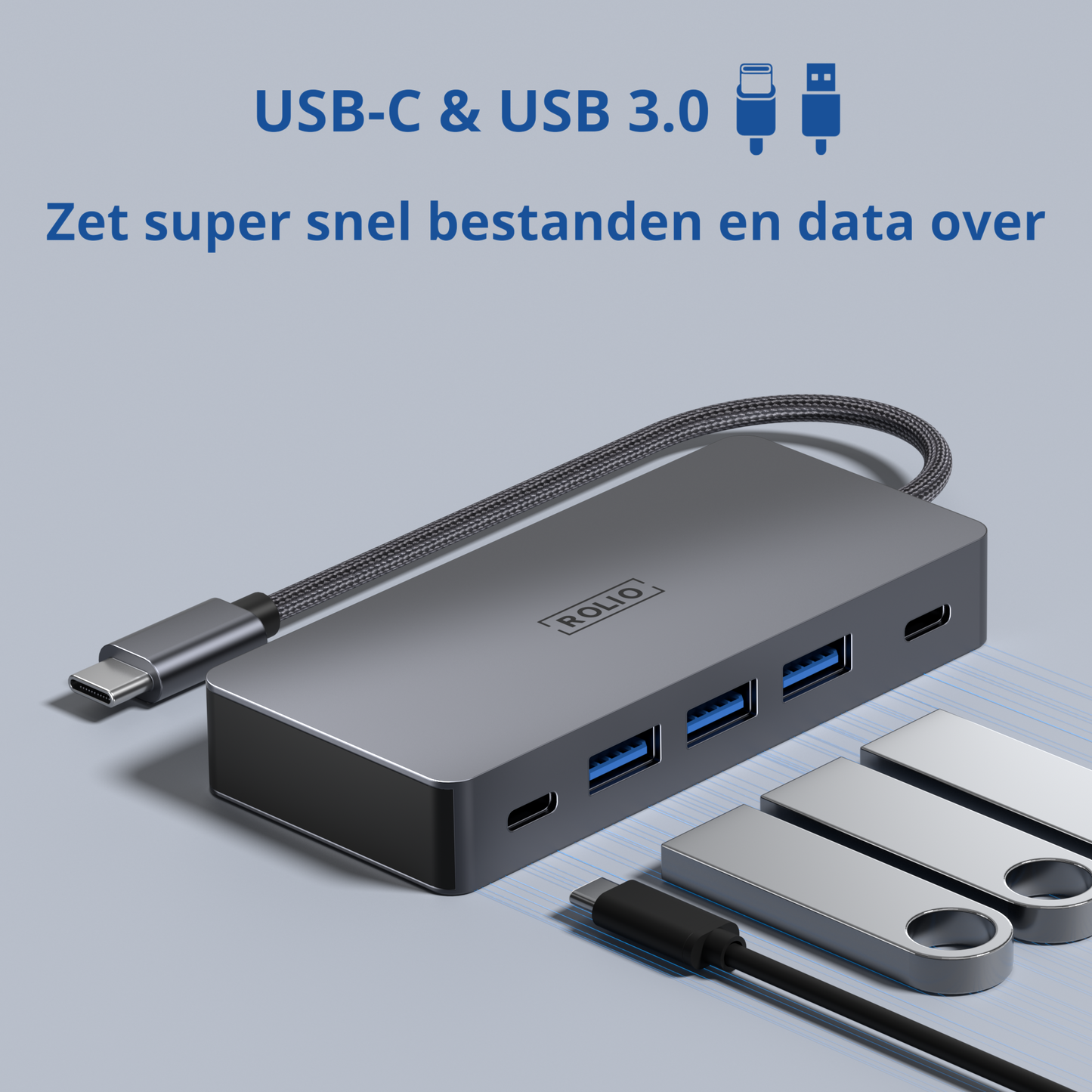 Rolio USB C Hub - Dual Monitor - 2x HDMI 4K - 2x USB-C - 3x USB 3.0