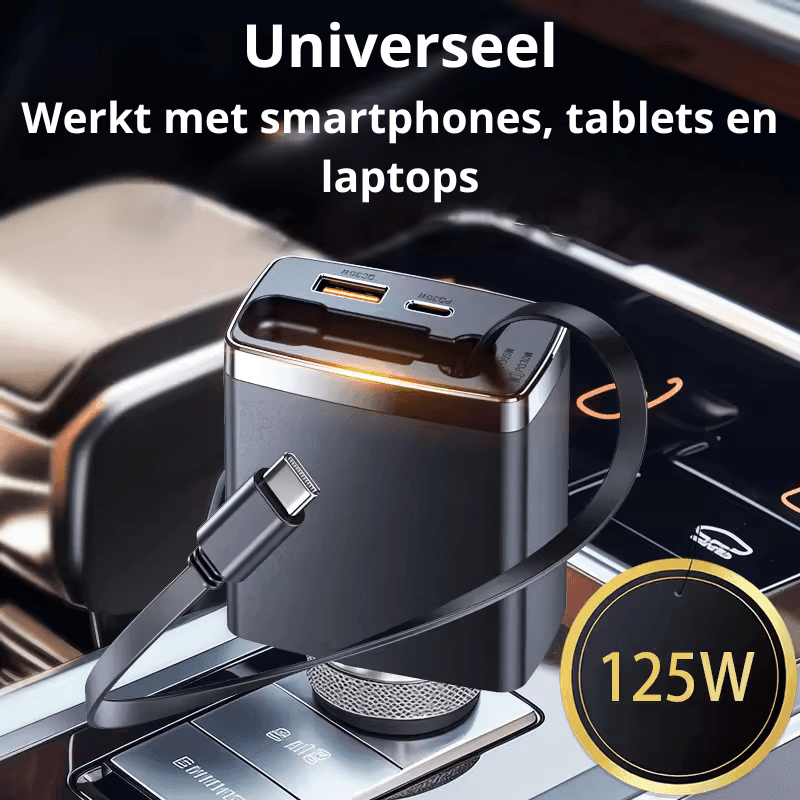 Rolio Autolader 125W - USB C en USB A - Super Snellader - Inclusief intrekbare USB-C kabel - Rolio