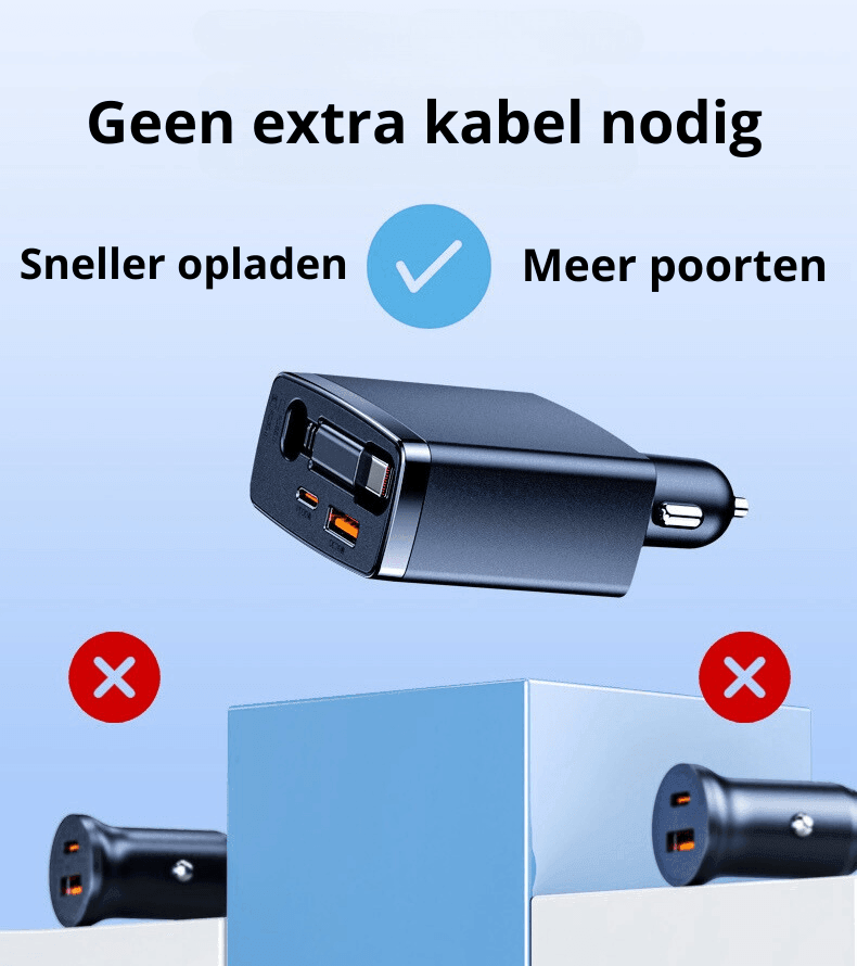 Rolio Autolader 125W - USB C en USB A - Super Snellader - Inclusief intrekbare USB-C kabel - Rolio