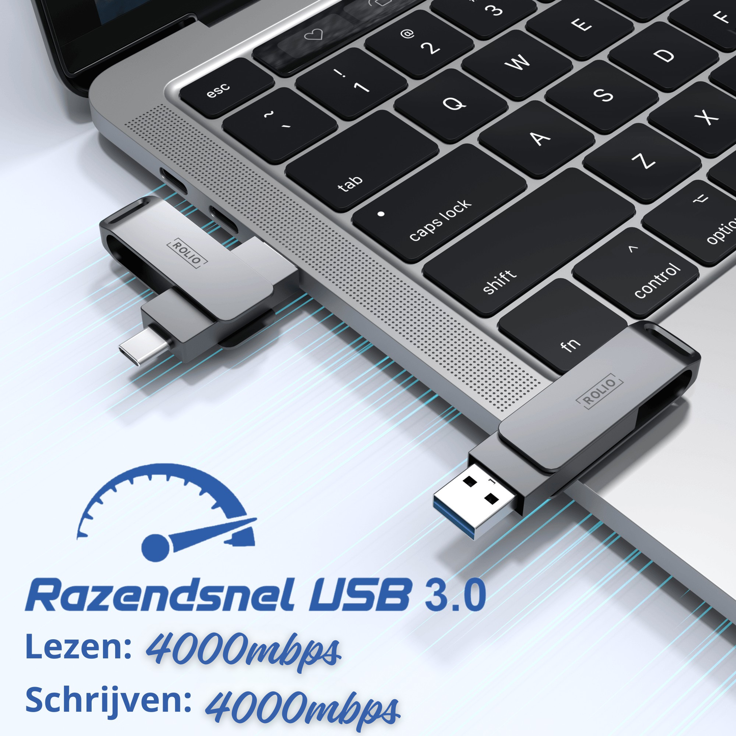 Rolio USB Stick 256GB - USB C and USB A - 800Mbps - USB 3.0
